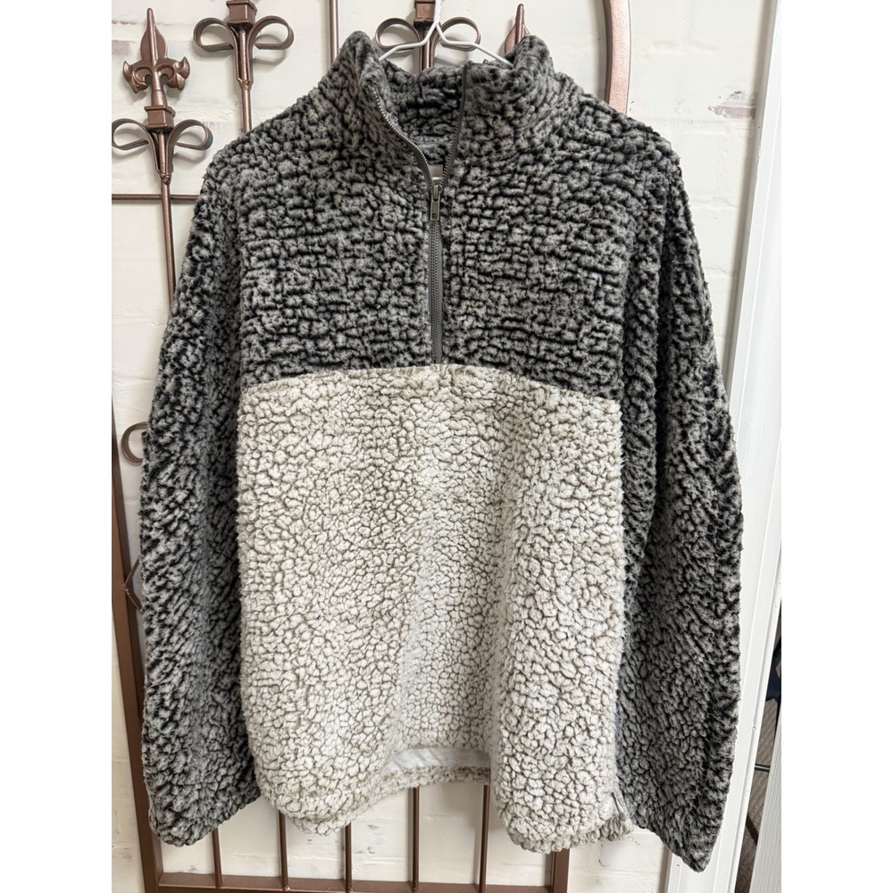 Thread & Supply Women L Gray Cream Colorblock Sherpa Fleece Quarter Zip Pullover